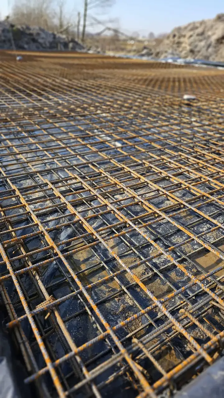 Detal zbrojenia płyty fundamentowej – dwie siatki i dystanse